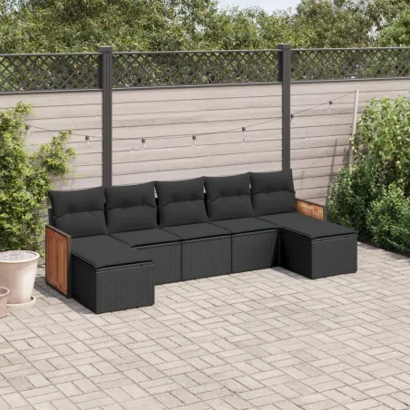 Salon de jardin 7 pcs avec coussins noir résine tressée