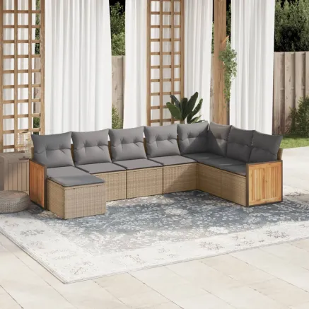 Salon de jardin avec coussins 8 pcs beige résine tressée
