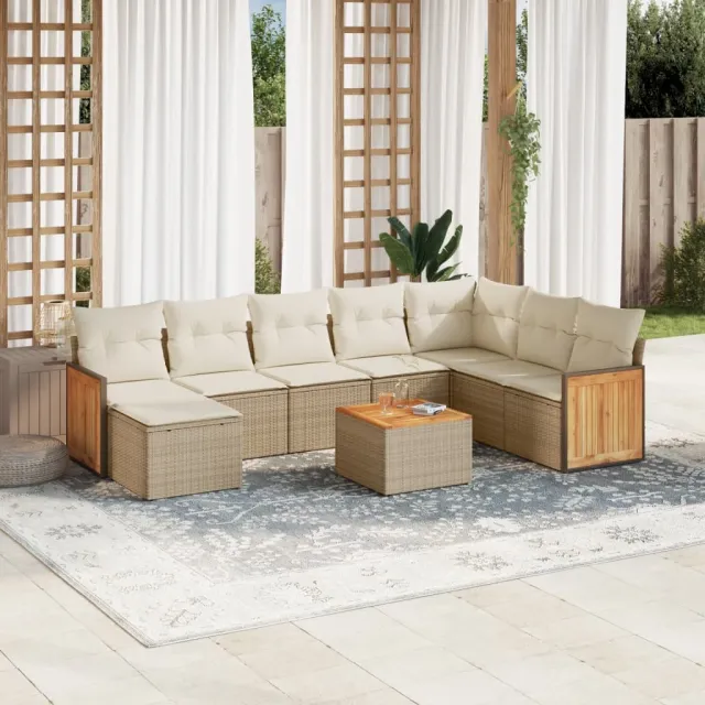 Salon de jardin avec coussins 9 pcs beige résine tressée