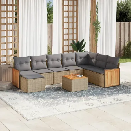 Salon de jardin avec coussins 9 pcs beige résine tressée