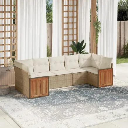 Salon de jardin avec coussins 7 pcs beige résine tressée