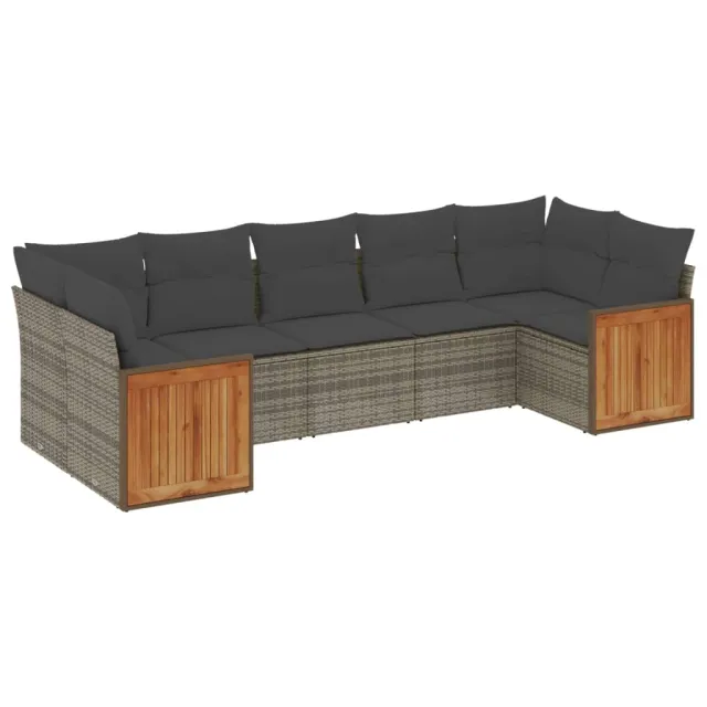 Salon de jardin avec coussins 7 pcs gris résine tressée