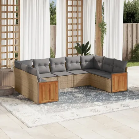 Salon de jardin avec coussins 9 pcs beige résine tressée