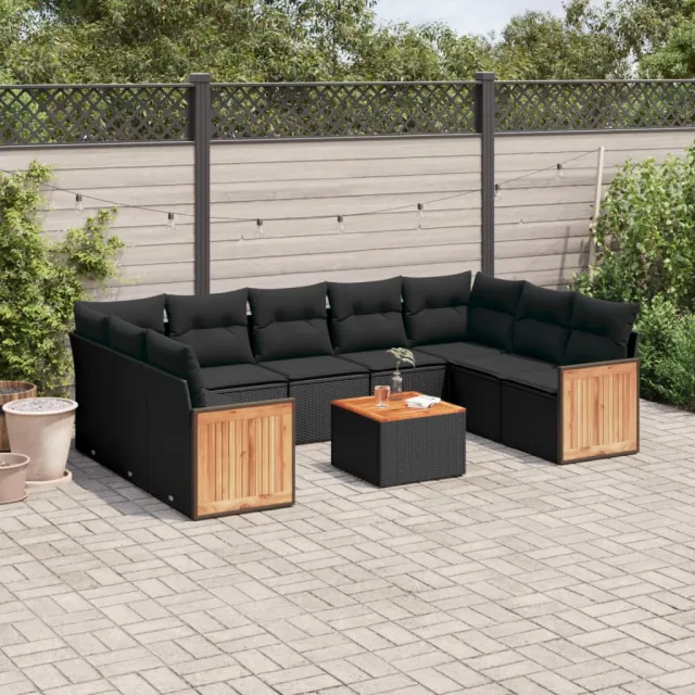 Salon de jardin 10 pcs avec coussins noir résine tressée