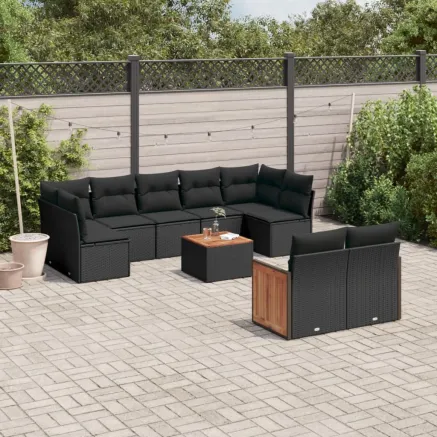 Salon de jardin 10 pcs avec coussins noir résine tressée