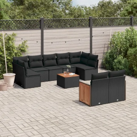 Salon de jardin 10 pcs avec coussins noir résine tressée