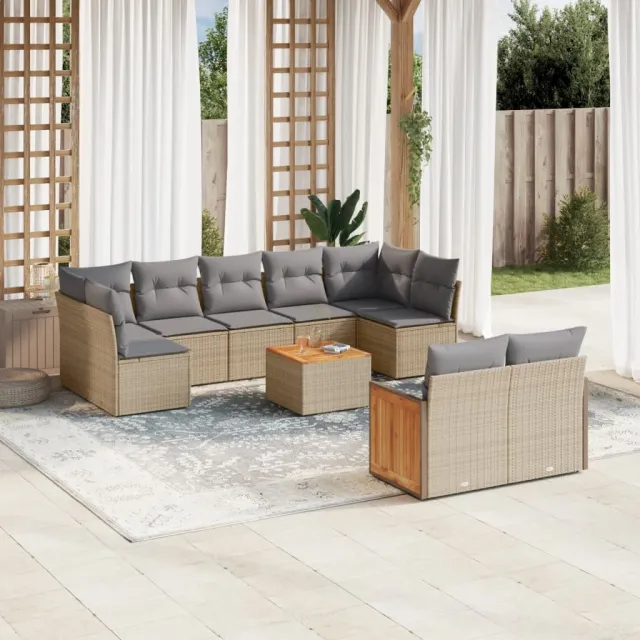 Salon de jardin avec coussins 10 pcs beige résine tressée