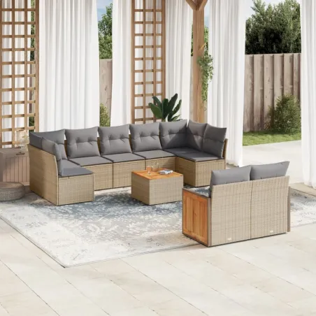 Salon de jardin avec coussins 10 pcs beige résine tressée
