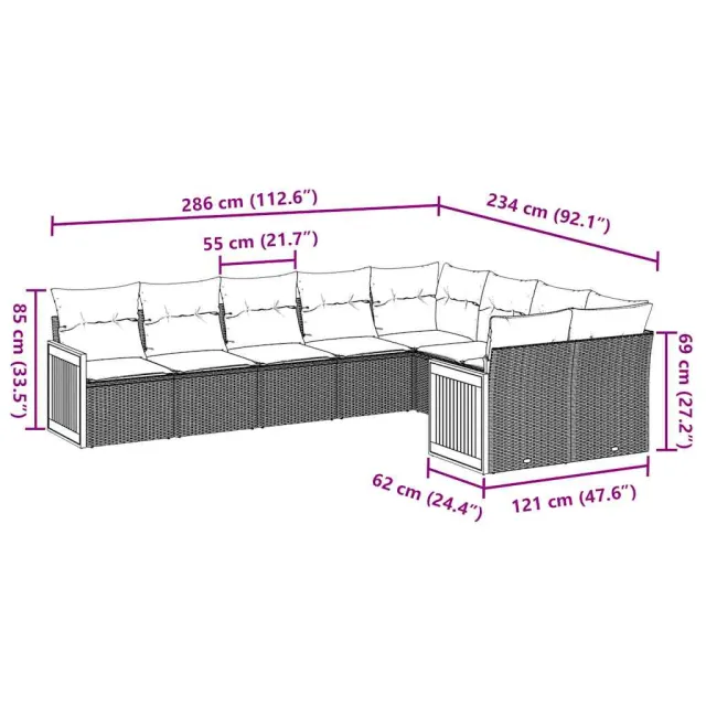 Salon de jardin 9 pcs avec coussins noir résine tressée
