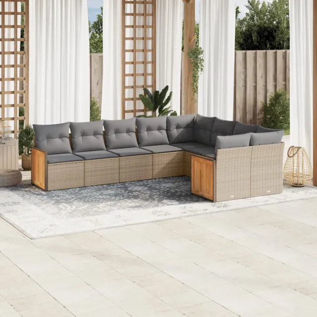 Salon de jardin avec coussins 9 pcs beige résine tressée