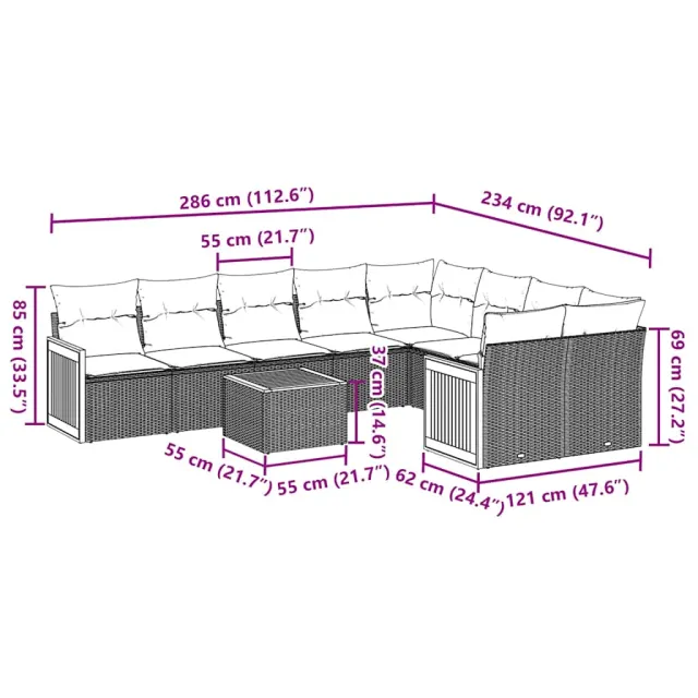 Salon de jardin 10 pcs avec coussins noir résine tressée