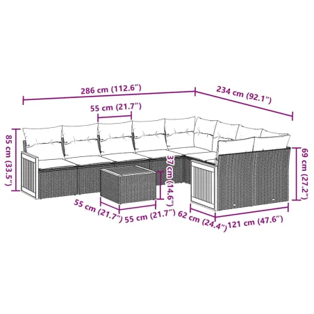 Salon de jardin 10 pcs avec coussins noir résine tressée
