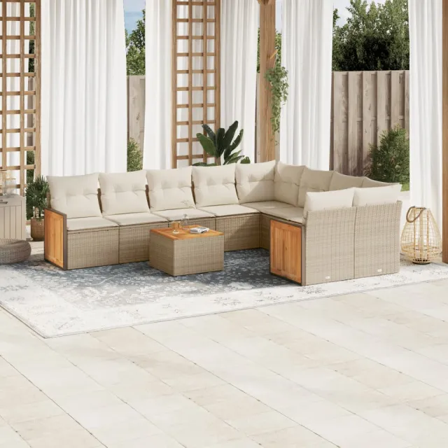 Salon de jardin avec coussins 10 pcs beige résine tressée