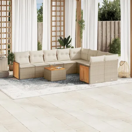 Salon de jardin avec coussins 10 pcs beige résine tressée