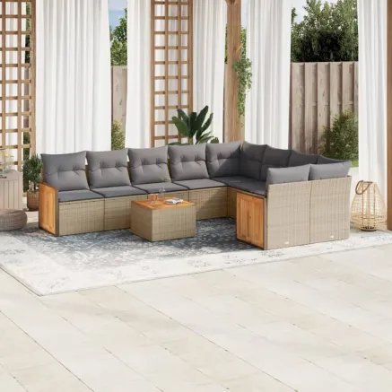 Salon de jardin avec coussins 10 pcs beige résine tressée