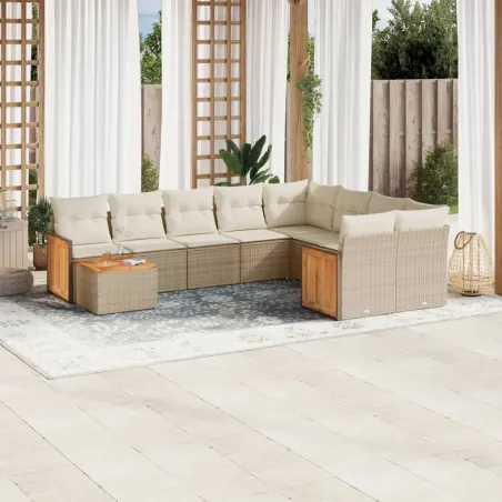 Salon de jardin avec coussins 10 pcs beige résine tressée