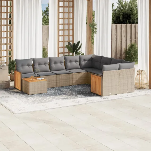 Salon de jardin avec coussins 10 pcs beige résine tressée