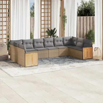 Salon de jardin avec coussins 10 pcs beige résine tressée