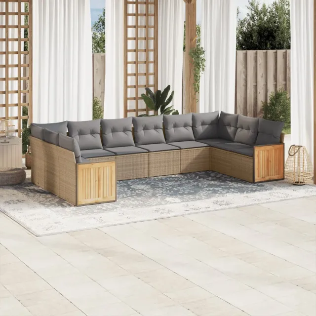 Salon de jardin avec coussins 10 pcs beige résine tressée