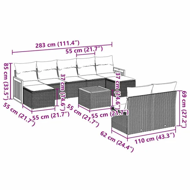 Salon de jardin 10 pcs avec coussins noir résine tressée