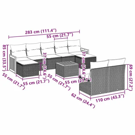 Salon de jardin 10 pcs avec coussins noir résine tressée
