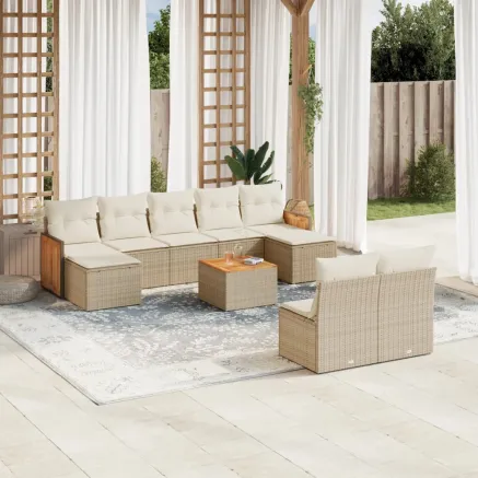 Salon de jardin avec coussins 10 pcs beige résine tressée