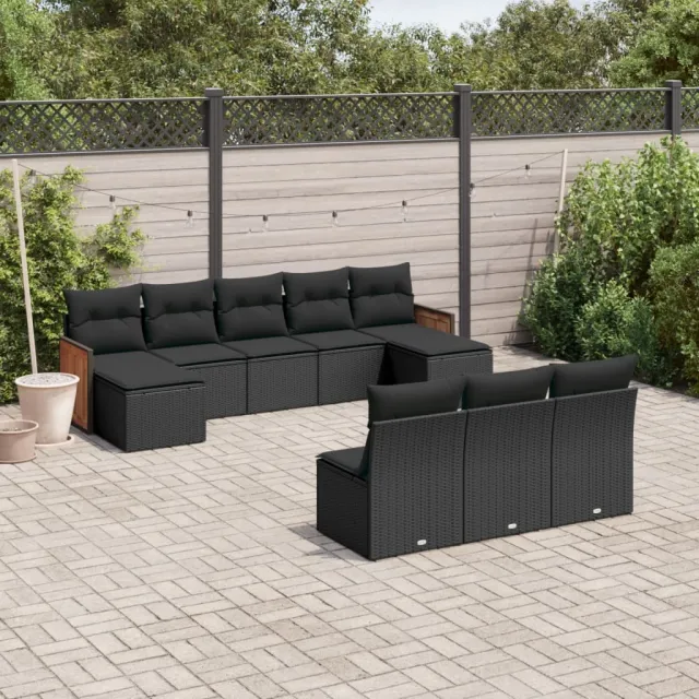 Salon de jardin 10 pcs avec coussins noir résine tressée