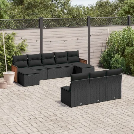 Salon de jardin 10 pcs avec coussins noir résine tressée