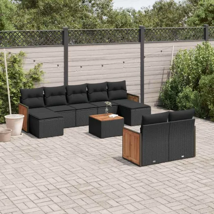 Salon de jardin 10 pcs avec coussins noir résine tressée