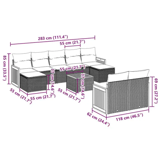 Salon de jardin 10 pcs avec coussins noir résine tressée