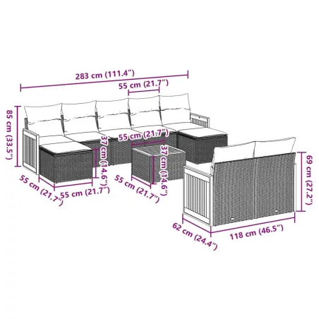 Salon de jardin 10 pcs avec coussins noir résine tressée