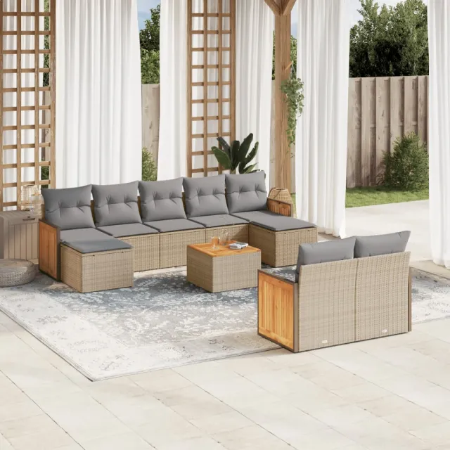 Salon de jardin avec coussins 10 pcs beige résine tressée