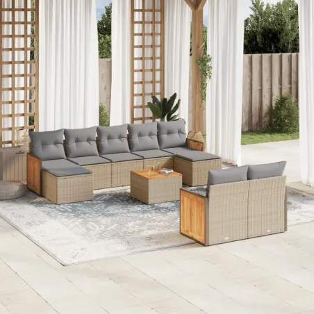 Salon de jardin avec coussins 10 pcs beige résine tressée