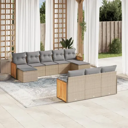 Salon de jardin avec coussins 10 pcs beige résine tressée