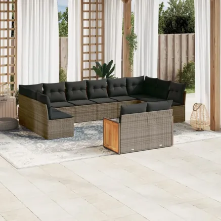 Salon de jardin avec coussins 12 pcs gris résine tressée