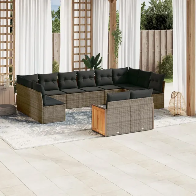 Salon de jardin avec coussins 12 pcs gris résine tressée