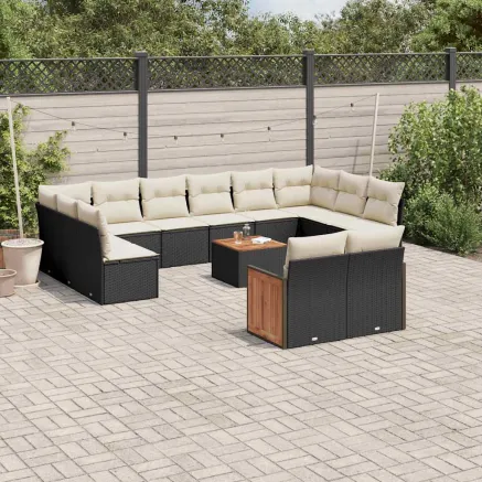 Salon de jardin avec coussins 13 pcs noir résine tressée