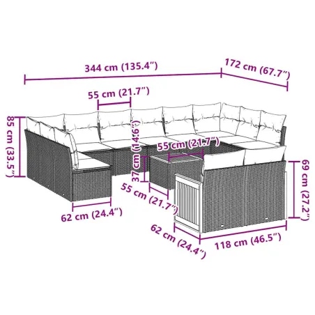 Salon de jardin avec coussins 13 pcs noir résine tressée