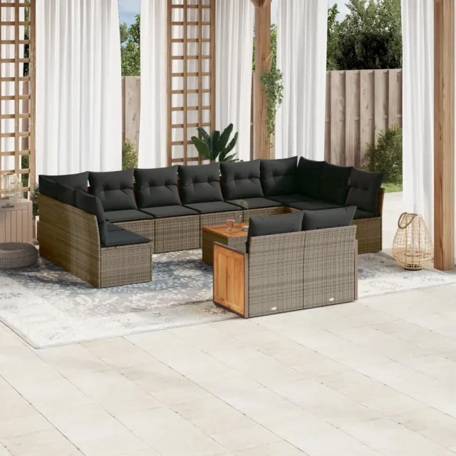 Salon de jardin avec coussins 13 pcs gris résine tressée