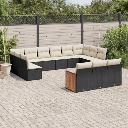 Salon de jardin avec coussins 13 pcs noir résine tressée