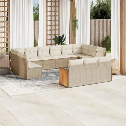 Salon de jardin avec coussins 13 pcs beige résine tressée
