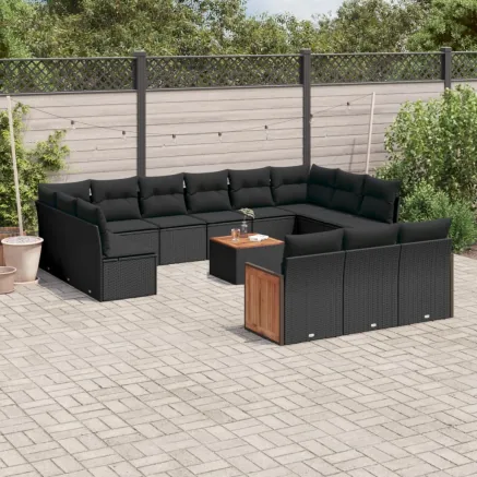 Salon de jardin avec coussins 14 pcs noir résine tressée
