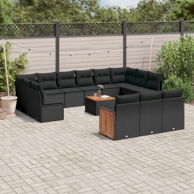 Salon de jardin avec coussins 14 pcs noir résine tressée