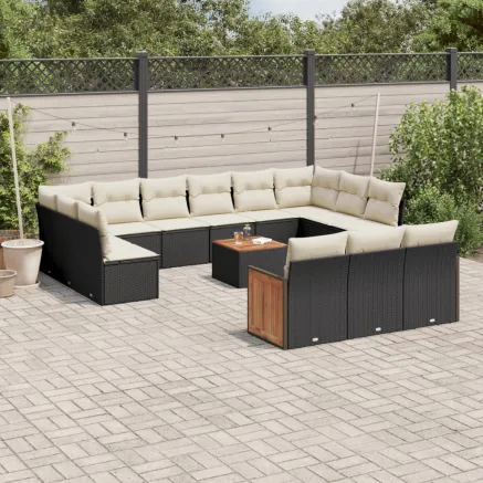 Salon de jardin avec coussins 14 pcs noir résine tressée