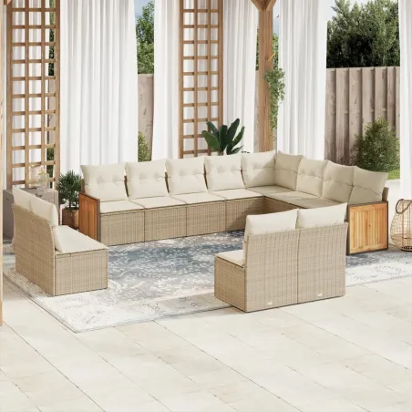 Salon de jardin avec coussins 12 pcs beige résine tressée