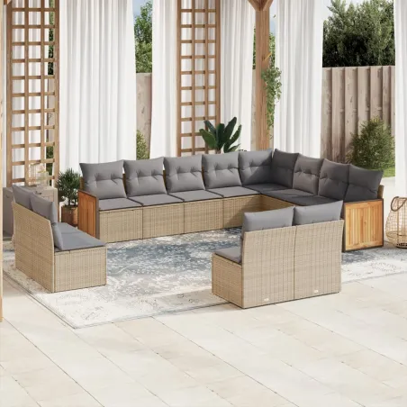 Salon de jardin avec coussins 12 pcs beige résine tressée