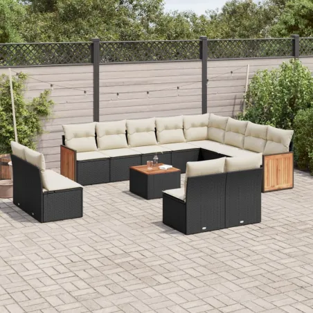 Salon de jardin avec coussins 13 pcs noir résine tressée