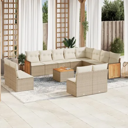 Salon de jardin avec coussins 13 pcs beige résine tressée