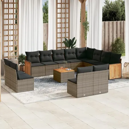 Salon de jardin avec coussins 13 pcs gris résine tressée