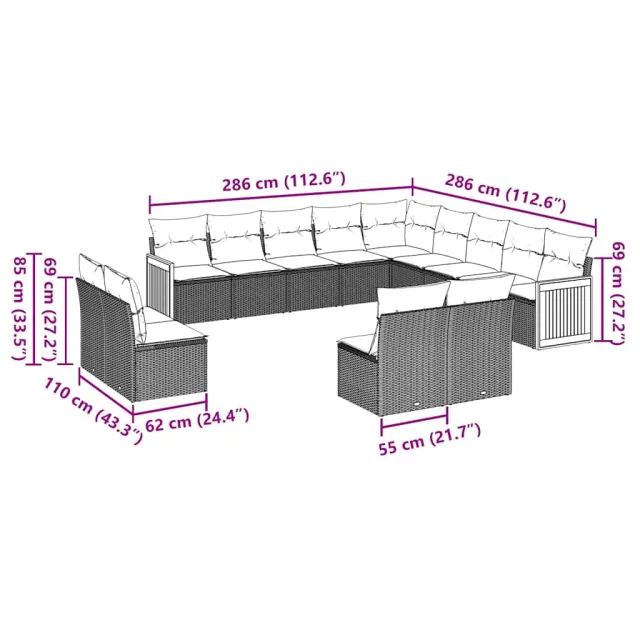 Salon de jardin avec coussins 13 pcs noir résine tressée